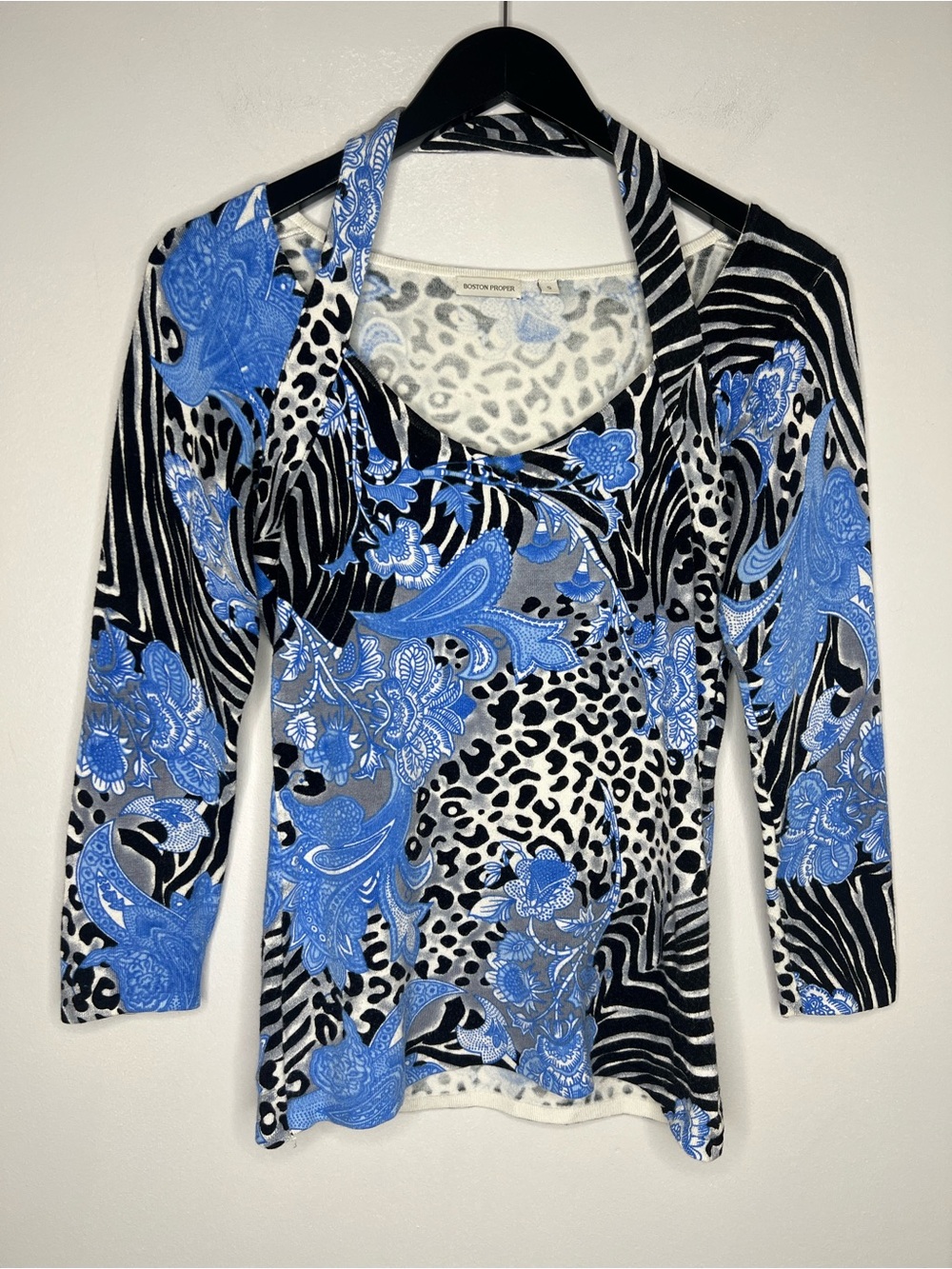 Y2K Blue Paisley Animal Print Artsy Halter Neck Stretch Knit Top Maximalist